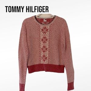 Tommy Hilfiger ANGORA RABBIT HAIR SNOWFLAKE CROPPED SWEATER Large RED WHITE